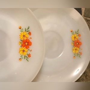 8924 Anchor Hocking Saucers (2) FireKing Oven Ware USA Orange Yellow Floral 6”